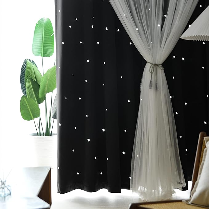 Kinryb Kids Blackout Curtains for Bedroom/Living Room/Classroom, Sheer Overlay 2 Free Tiebacks, Double Layer Curtains with Star Cutout for Kids Room(Each Piece W 70 x L 95 Inches 2 Pcs Black)