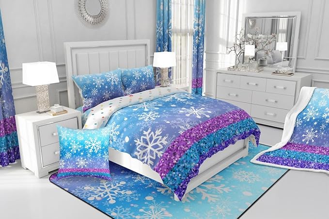 Feelyou Winter Snowflake Comforter Set All Season Glitter Print Bedding Set with 2 Pillow Cases Christmas Microfiber Kids Queen Bedclothes Holiday New Year Bedroom Decor Duvet Quilt Soft Lightweight
