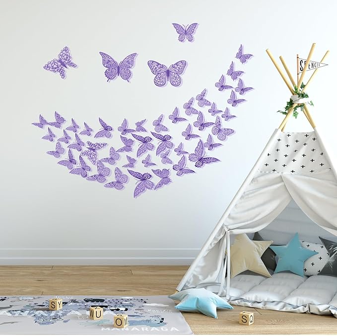 3D Gold Butterfly Wall Decor 3 Sizes 4 Styles Butterfly Party Decorations Cake Decorations Removable Stickers Wall Decor Room Mural Metallic Kids (Purple, 96Pcs)