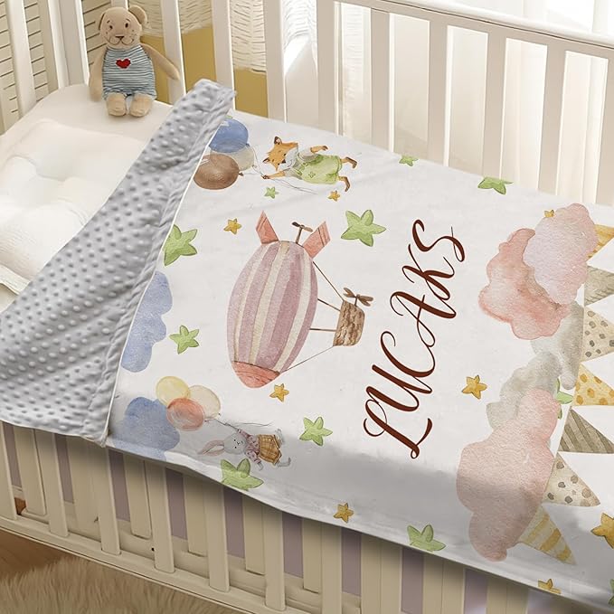 Personalized Baby Blanket for Girls, Custom Name Blanket for Newborn New Mom , Soft Flannel with Double Layer Dotted Backing, Gifts for Baby Shower Christmas Birthday, Hot Air Balloons(60"x80)