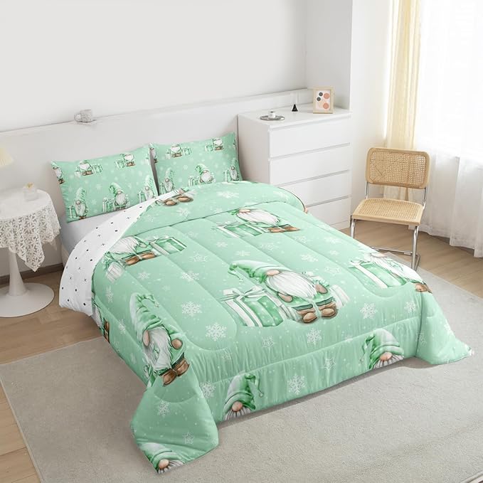 Feelyou Green Christmas Comforter Set All Season Scandinavian Christmas Santa Gnomes Bedding Set with 2 Pillow Cases Xmas Snowflake Kids Full Bedclothes Bedroom Decor Breathable Soft