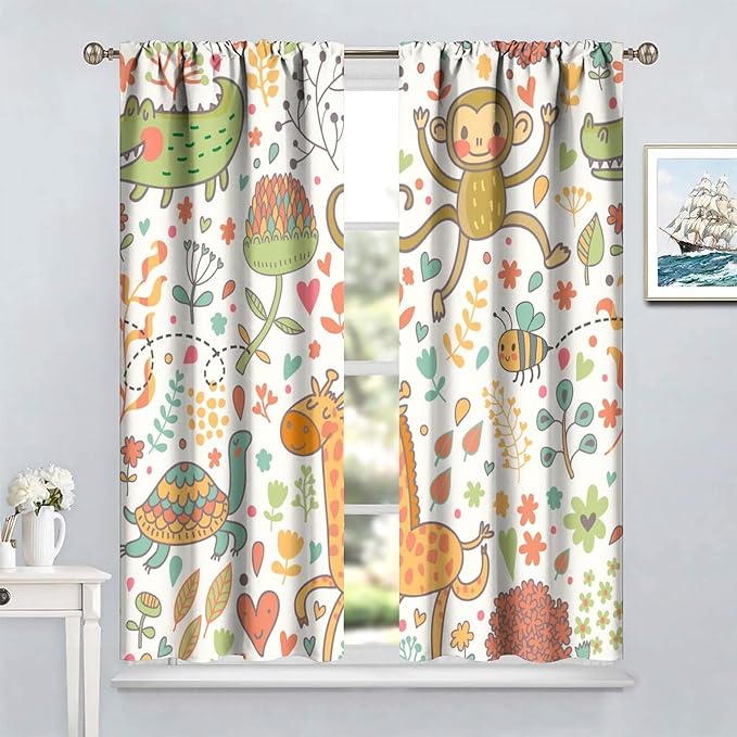 Cute Monkeys Curtains, Zoo Theme Cartoon Funny Animals Crocodile Giraffe Turtle with Flowers Print Thermal Insulation Window Drapes for Kids Boys Girls Baby Bedroom Living Room 84x84in