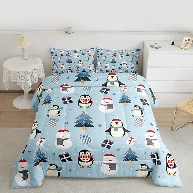 Feelyou Merry Christmas Bedding Set Soft for Boys Girls, Penguin Comforter Set Queen Size Xmas Tree Snowman Duvet Quilt Microfiber Gift Snowflake Bedroom Decor 3 Pcs with 2 Pillow Cases