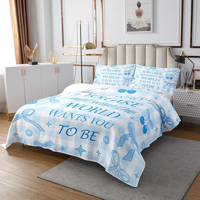 Blue Bowknot Bedspread Twin Size,Cartoon Cherry Stars Daisy Flowers Princess Coverlet Set,Girls Women Room Decor,Bow Geometric Plaids Patchwork Quilted Coverlet,Dreamy Bedding Quilt,1 Pillowcase