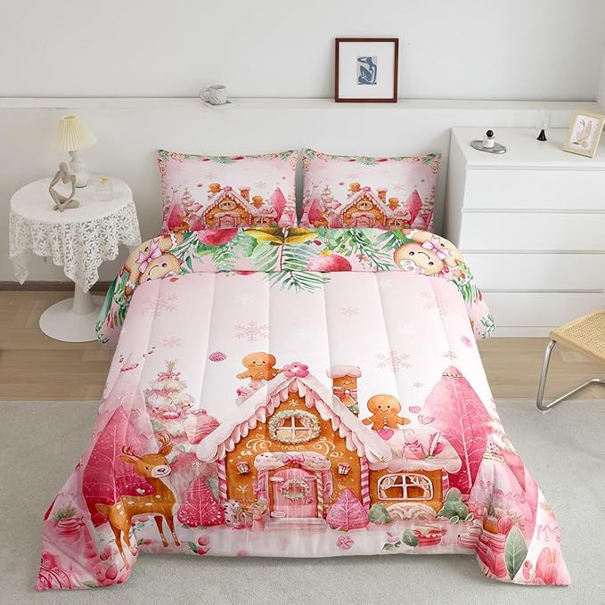 jejeloiu Kids Christmas Theme Comforter Set Queen Size Cute Deer Gingerbread Man Bedding Set for Boys Girls Teens Pink Xmas Tree Candy House Winter Snowflake Duvet Quilt Room Decor