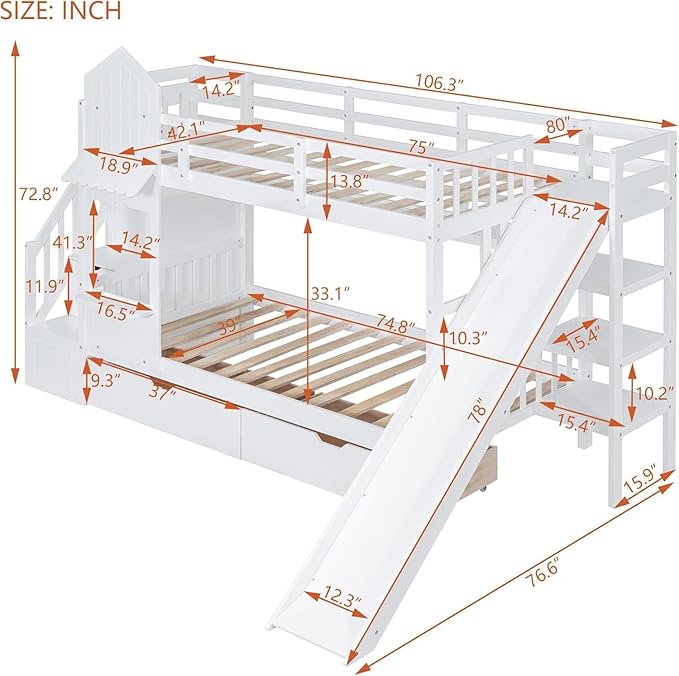 MERITLINE Twin Over Twin Castle Bunk Bed with Slide,Stairs and Drawers,Solid Wood Floor House Princess Bunk Bed with Storage Shelves (White)