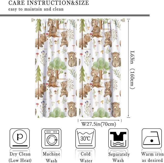 Forest Animal Curtains,Kids Home Bedroom Window Treatments, Cartoon Watercolor Bear Squirrel Woodland Animal Drapes 55x63in