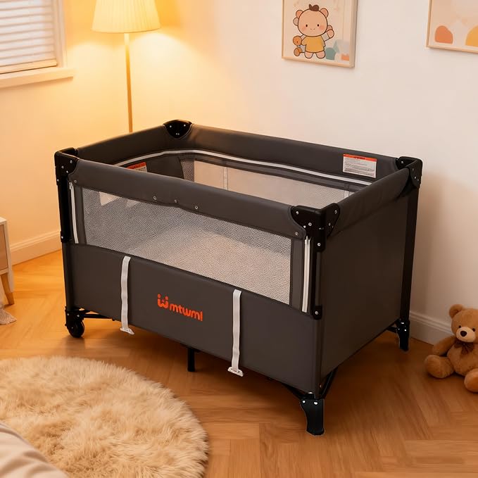 MTWML Portable Baby Bassinet,2 in1 Baby Playard and Bedside Crib with Wheel,1-Second Setup Foldable Playpen and Nursery Center with Travel Bag for Home or Travel Newborn to Toddler(Deep Grey)