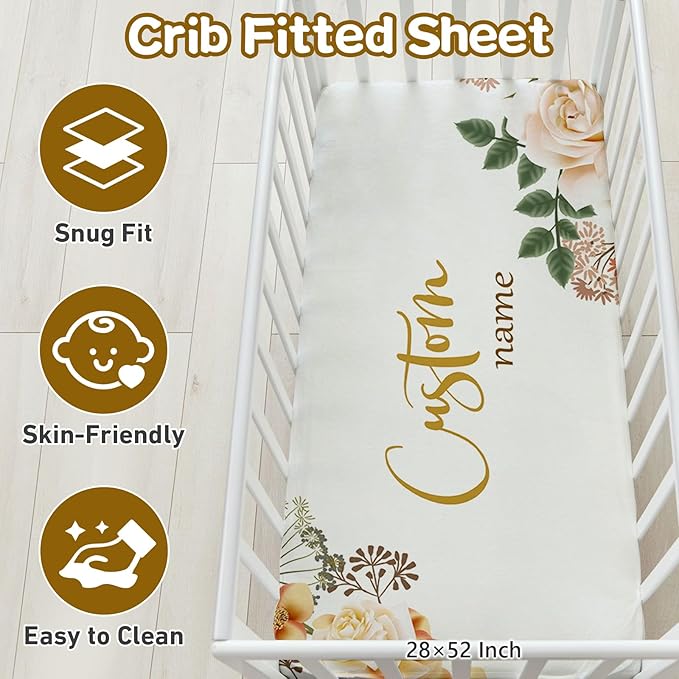 Custom Name Crib Bedding Set, 3 Pcs Personalized Baby Crib Bedding Set, Soft Flower Nursery Crib Sets for Boys Girls, Double Layer Toddler Bedding Set Customized Gifts for Newborn Kids