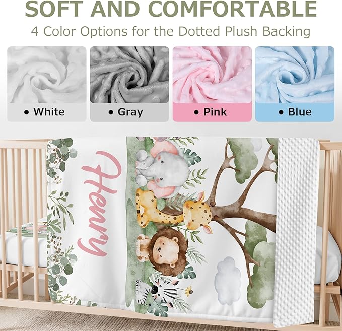 Personalized Baby Crib Bedding Set,3 Piece Custom Name Nursery Set with Blanket, Fitted Sheet & Pillowcase for Baby Girls & Boys, Safari Friends Theme(Fixed Size)