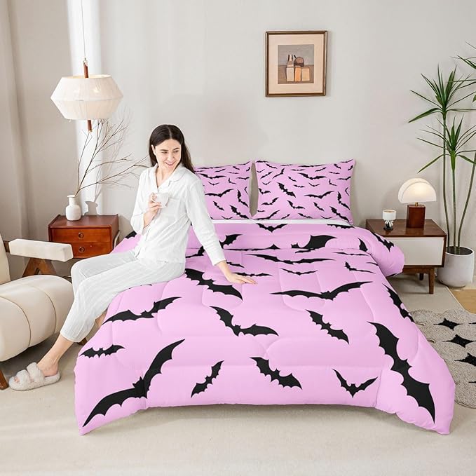 Erosebridal Gothic Bat Comforter Set Halloween Theme Bedding Set King Size,Horror Spooky Animal Quilt for Kids Boys Girls Adults Black Bats Silhouette Down Comforter,Pink Goth Room Decor