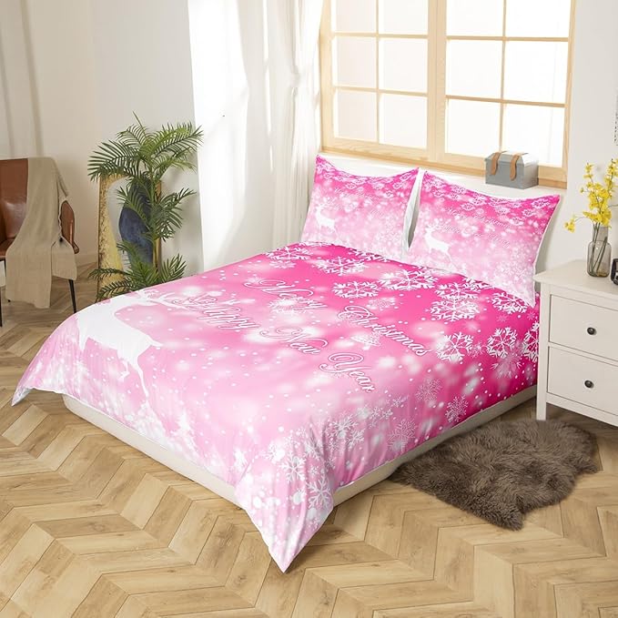 Manfei Christmas Pink Duvet Cover Set Full Size, Xmas Trees Deer Snowflake Bedding Set 3pcs for Kids Girls, New Year Theme Comforter Cover Soft Polyester Quilt Cover with 2 Pillowcases,No Comforter