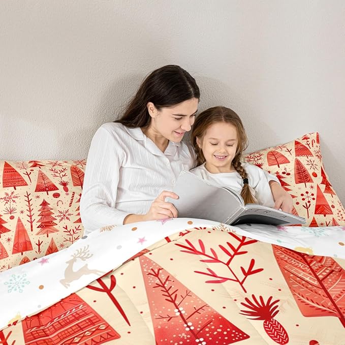 Feelyou Christmas Bedding Set Soft for Boys Girls, Xmas Tree Comforter Set Full Size Snowflake Candy Duvet Quilt Microfiber Pine Tree Bedroom Decor 3 Pcs with 2 Pillow Cases