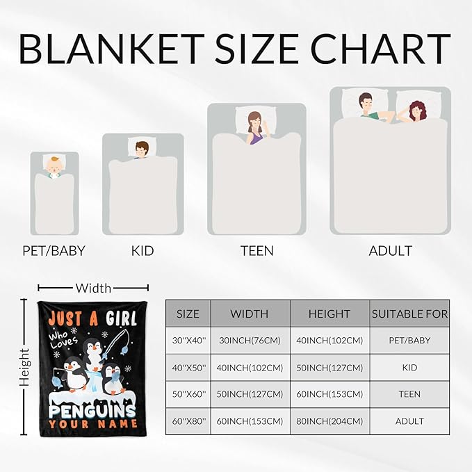 Personalized Penguin Gift for Girls - 40" x 50" Inches Cute Penguin Throw Blankets for Kids - Black Warm Cozy Blankets for Sofa, Crib & Bed