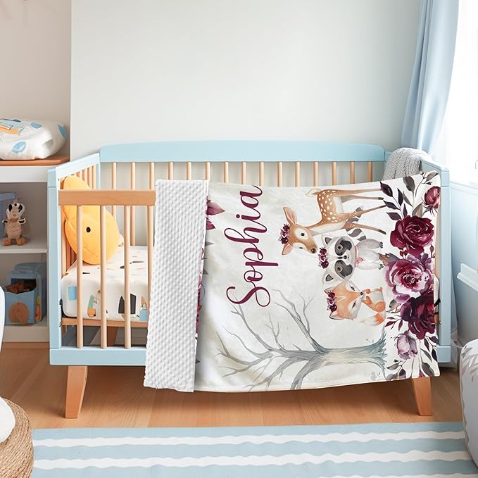 Custom Baby Blanket with Name, Double Layer Soft Dot Back Personalized Baby Blanket for Boys Girls, Woodland Blanket for Newborn Toddler, Customized Swaddle for Kids Birthday Gifts(47" x60)