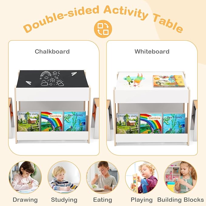 HONEY JOY Kids Table and Chairs, 4-in-1 Children Wooden Activity Set w/Double Bookshelves, Storage, Detachable Tabletop, for Art, Craft, Drawing, Reading, Gift for Toddlers 3-6 Years Old (Natural)