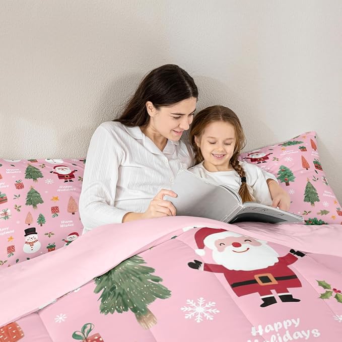 Feelyou Pink Christmas Comforter Set King Size Snowman Bedding Set for Kids Boys Girls Xmas Tree Duvet Quilt Bedroom Decor Microfiber 3 Pcs with 2 Pillow Cases