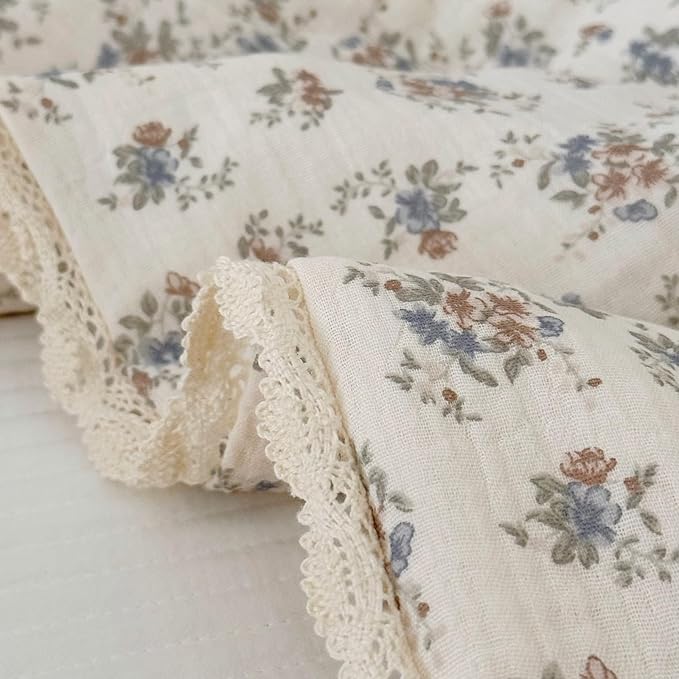 BuLuTu Cottagecore Floral Toddler Bed Blanket Muslin Cotton Quilt, Vintage Princess Girls Comforter, Lace Edged Farmhouse Bedding Kids Room Nursery Decor, 60"x78", Balloon Flower Print