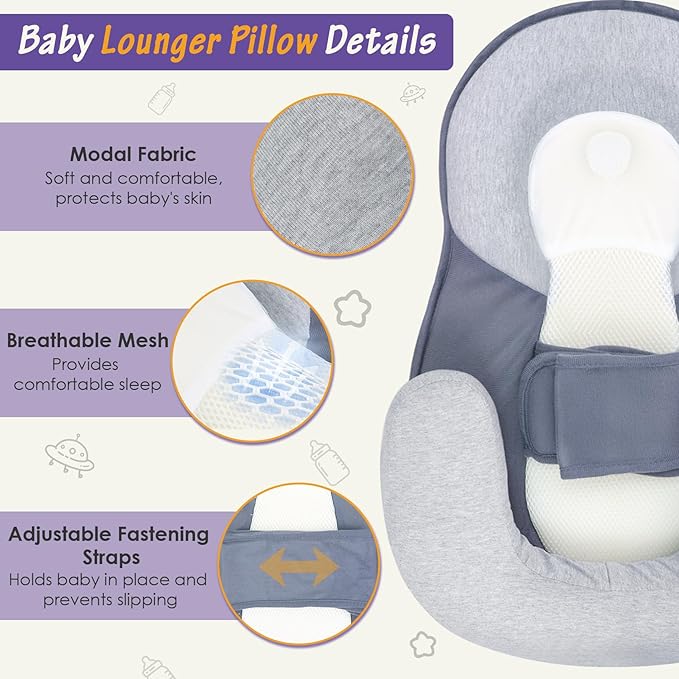 Baby Lounger Pillow, Portable Rest Nest Baby Bed, Multi-Functional Infant Lounger, Soft Non-Slip, Comfortable and Breathable, Tummy Time