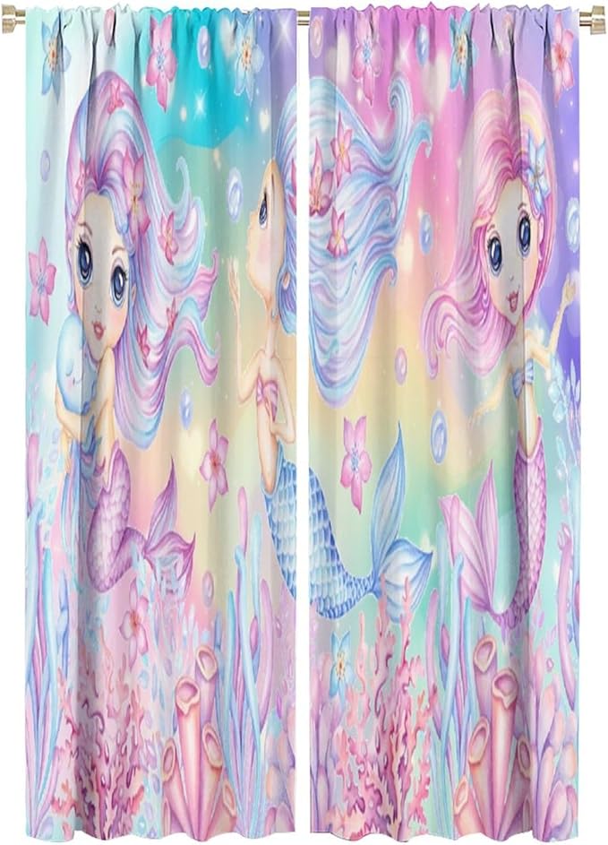 Cartoon Mermaid Kids Curtain Fantasy Ocean Theme Coral Flower Floral Window Treatment for Kids Girls Bedroom Nursery Room Decor Rod Pocket Blackout Window Drapes 42x63in
