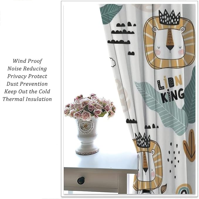 Cartoon Little Lion King Window Curtains for Baby Child,Cute Funny Forest Animals,Tropical Jungle Leaves Wildlife Boho Rainbow Print Blackout Drapes for Nursery Boys Girls Kids Bedroom 42x54 Inch