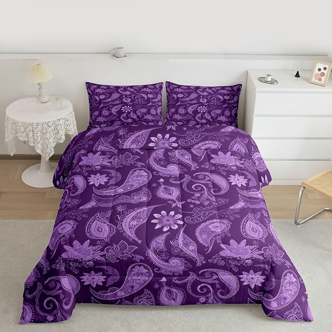 Feelyou Vintage Purple Floral Bedding Set Queen Size, Paisley Floral Comforter Set Boho Floral Comforter for Kids Toddler Paisley Duvet Set Microfiber Bed Set