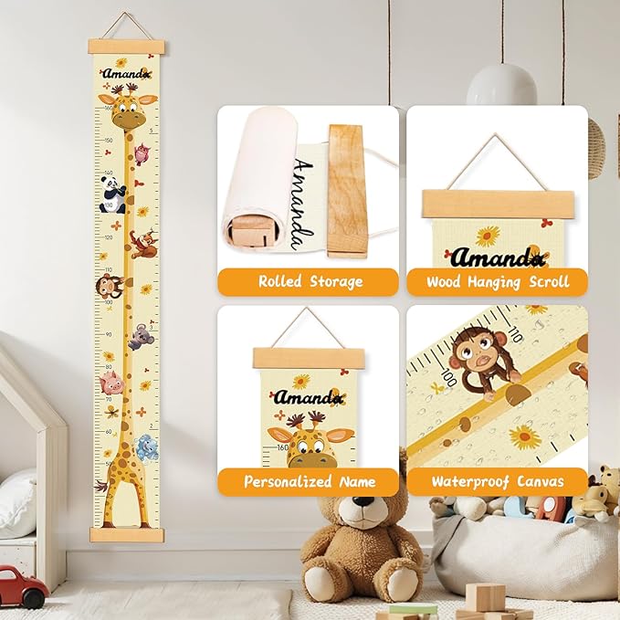 Customize Name Growth Chart Wall, Funny Giraffe Premium Canvas Removable Height Chart for Kids (Giraffes)