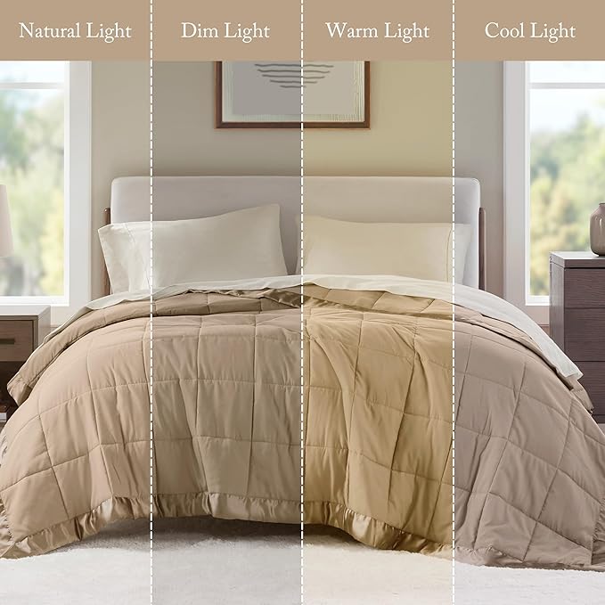Madison Park Windom Down Alternative Blanket, Premium 3M Scotchgard Moisture Wicking Treatment, Lightweight and Soft Bed Cover For All Season, Satin Trim, Brown Twin