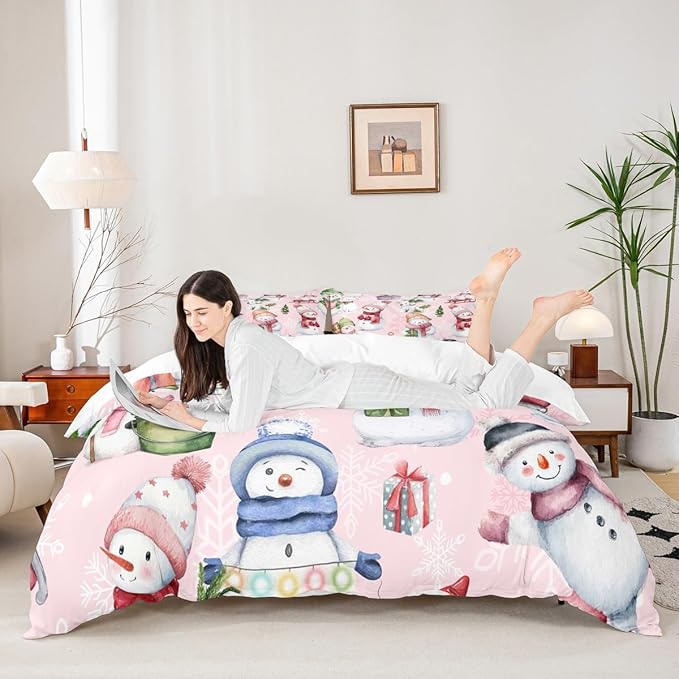 Manfei Christmas Duvet Cover Set King Size, Cute Snowman Dogs Snowflake Comforter Cover with 2 Pillowcases, New Year Pink Bedding Set 3pcs for Kids Boys Girls Lightweight Bedspread Cover,No Comforter