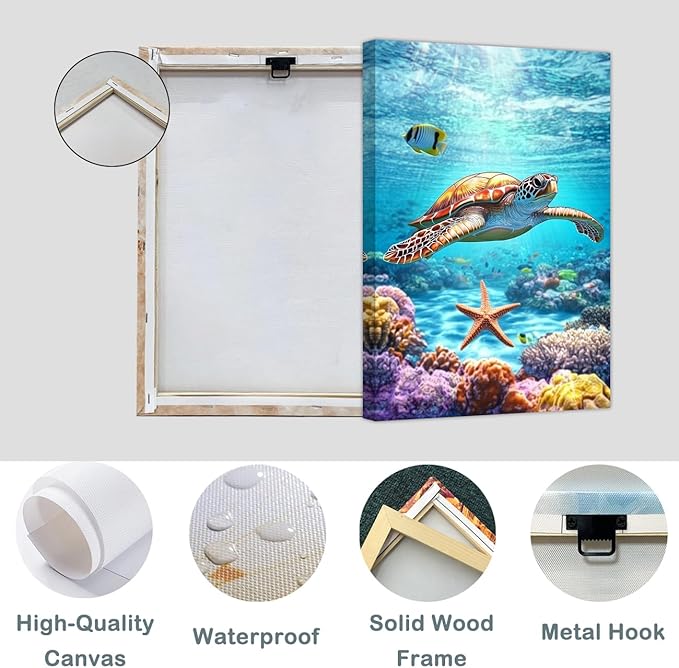 AWPANERAR Sea Turtle Wall Art Bathroom Pictures Watercolor Sea Life Canvas Prints Ocean Animal Poster Nautical Theme Artwork for Kids Room Nursery Decor Framed (Green, (36L x 24W))