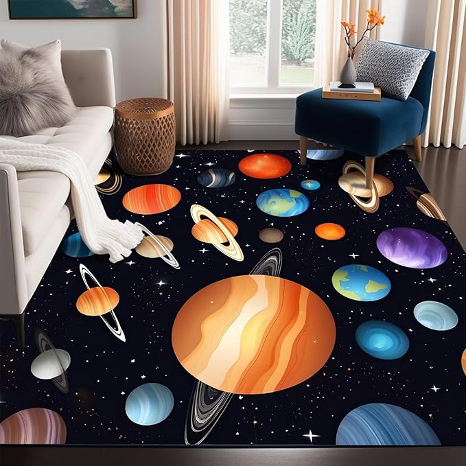 5' x 7' Space Rug for Kids Bedroom Cartoon Planet Stars Rugs Galaxy Carpet Printed Throw Rugs for Boys Children Living Room,150x210cm