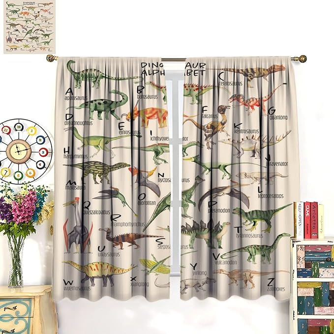 Dinosaur Curtains Cartoon Dino ABC Alphabet Pattern Educational Learning Theme Curtain with Rod Pocket for Kids Nursery Playroom Bedroom Drapes Window Treatments 2 Panels Set 63" W X 63" L