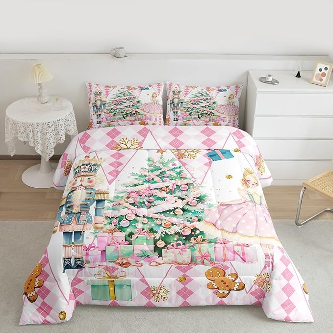 jejeloiu Christmas Nutcracker Comforter Set Toddler Size Gingerbread Man Bedding Set for Kids Boys Girls Xmas Tree Duvet Quilt White Pink Bedroom Decor
