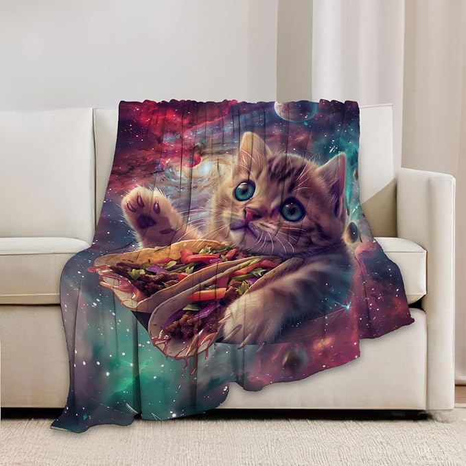 Funny Cat Print Blanket Taco Cute Kitty Animal Galaxy Throw Blankets Gifts for Couch Sofa Stuff Decor Soft Cozy Plush Flannel Bedding for Lover Men Women 40"x50"