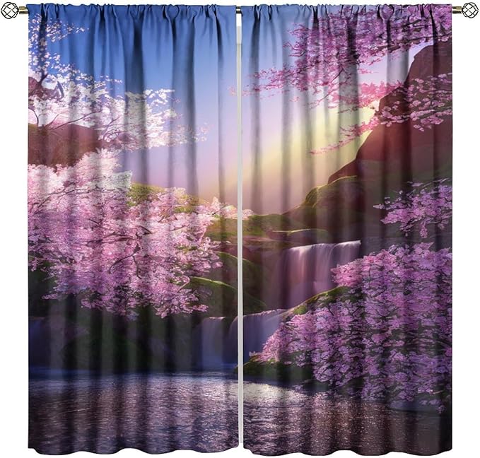 Landscape Waterfall Blackout Curtains, Watercolor Blossom Cherry Flower Forest Pattern Rod Pocket Window Drapes, for Bedroom Living Room 42" W X 45" L