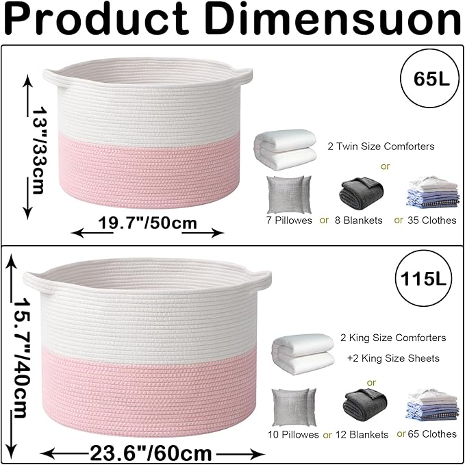 Large Blanket Basket for Organizing,115L Closet Organizers and Storage Bins Box for Shelves Woven Rope Storage Baskets,Living Room,Bedroom,Dorm,Laundry room (White&Pink)