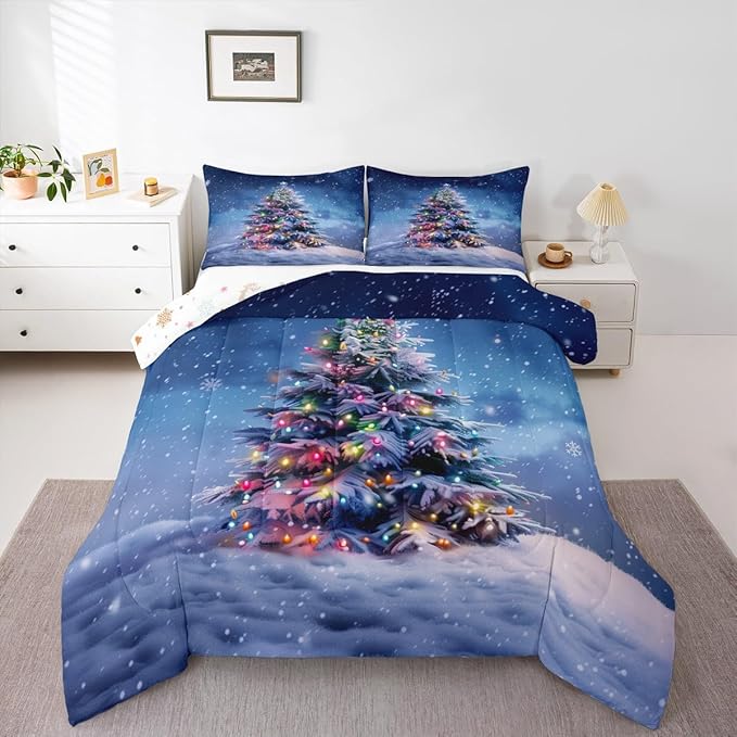 Feelyou Christmas Comforter Set All Season Xmas Tree Bedding Set with 1 Pillow Cases Colored Light Strips Microfiber Kids Toddler Bedclothes Snowflake Bedroom Decor Duvet Quilt Breathable Soft
