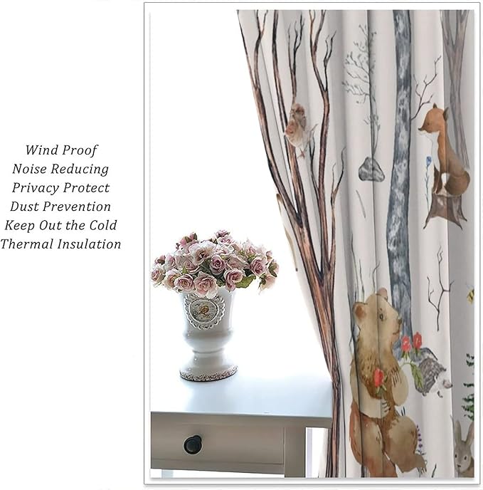 Rustic Forest Window Curtains Curtains, Woodland Animal Bear Deer Hedgehog Fox Forest Squirrel Watercolor Blackout Rod Pocket Window Treatments Drapes for Boys Girls Bedroom 72x63in