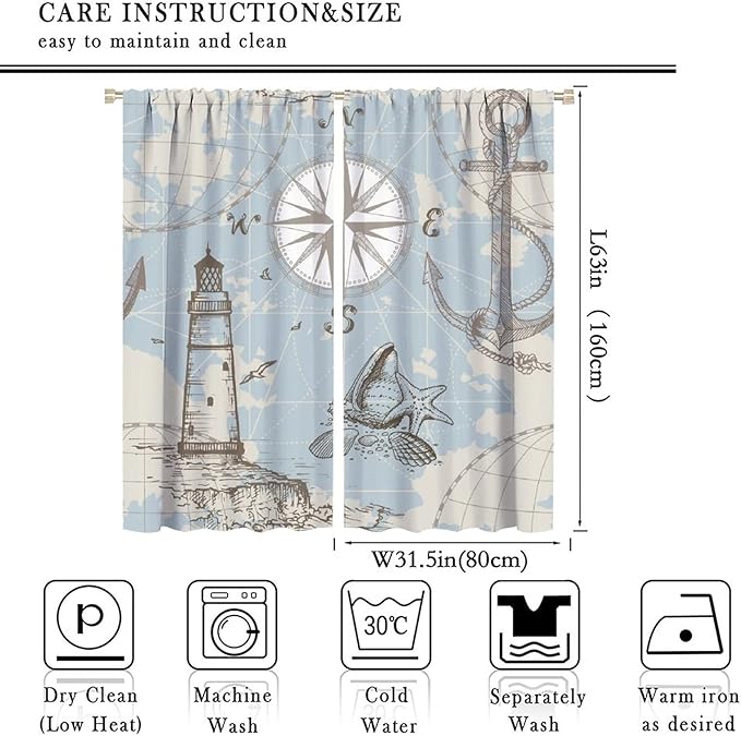 Nautical Theme Window Curtains,Pirate Sailboat Curtains for Bedroom,Conch Starfish Print Draperies for Living Room,Ocean Window Treatment Curtains Set 2 Panels,63x63 Inches
