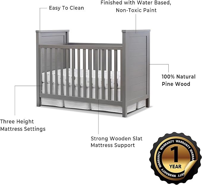 Sorelle Furniture Farmhouse Classic Crib 3-in-1 Convertible Crib, Made of Solid Pine Wood Non-Toxic Finish, Wooden Baby Bed, Toddler Bed and Child’s Daybed, Nursery Furniture-Weathered Gray