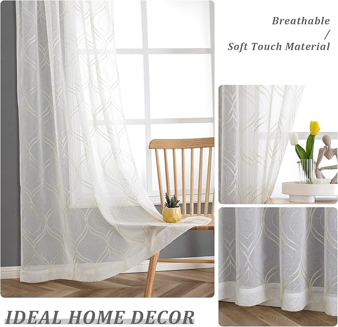 VISIONTEX White Sheer Curtains 108 Inches Long 2 Panels Set Beige Moroccan Embroidered Curtains Trellis French Textured Rod Pocket Voile Tulle Semi Window Drapes for Bedroom Living Room 54 x 108 Inch