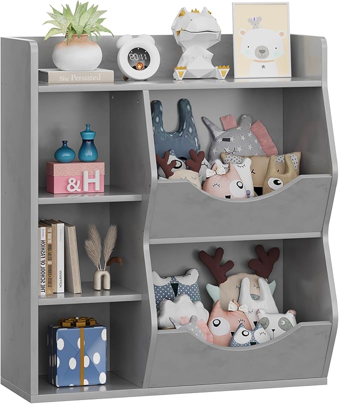 Kids Bookshelf, 32" 3-Tier Toy Storage Cabinet, Wooden Cube Storage Organizer with 5 Cubes and Spacious Top Shelf for Children's Room, Playroom, Hallway, Kindergarten, Bedroom, Playroom
