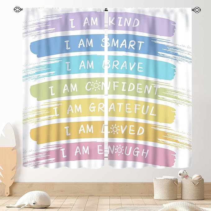 Rainbow Curtains for Classroom, Kids Girls Baby Boho Cute Inspirational Motivational Quotes Cartoon Colorful Pastel Nursery Classroom Bedroom Living Room Bathroom Window Drapes 2 Panels, 55"x63" Inch