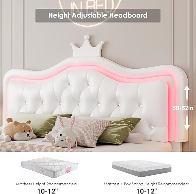 Keyluv Full Upholstered LED Bed Frame with Storage Drawer, Leather Princess Platform Bed with Adjustable Crystal Button Tufted Crown Headboard, Solid Wooden Slats Support, No Box Spring Needed, White