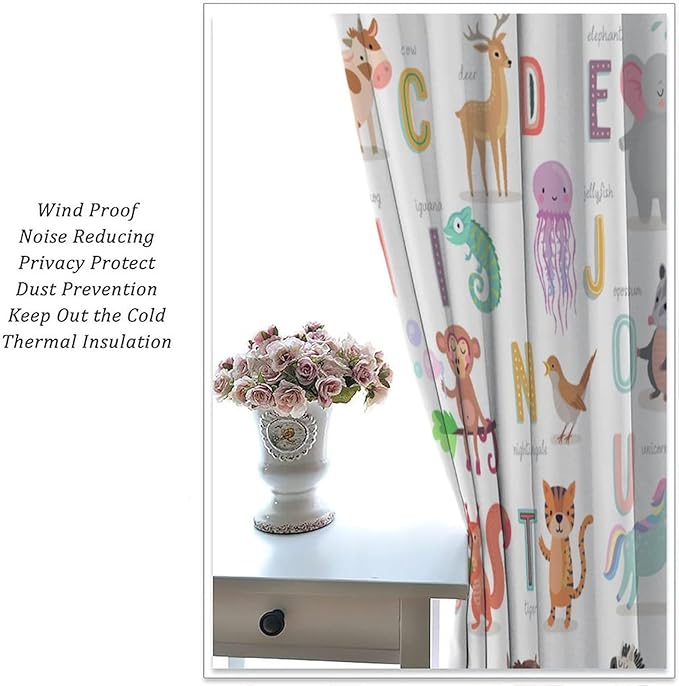 Kids Alphabet Curtains Cute Cartoon Animal Funny Educational Learning Curtain with Rod Pocket for Nursery Bedroom Playroom Home Decor Drapes Window Treatments 2 Panels Set 55" W X 63" L