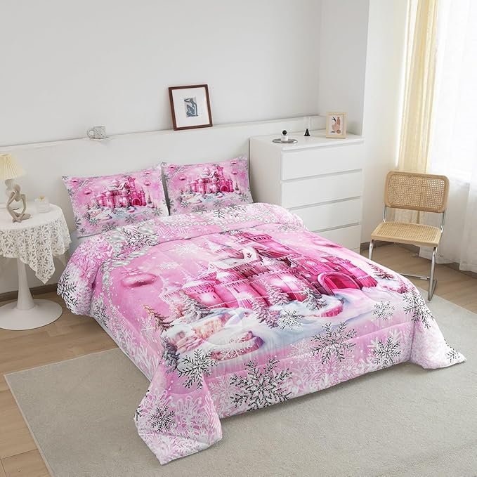 Pink Castle Comforter Set Twin Size,Cartoon Fairy Tale Theme Watercolor Bedding Set for Kids Boys Men,Christmas Winter Silver Snowflakes Quilted Duvet Set with 1 Pillowcase
