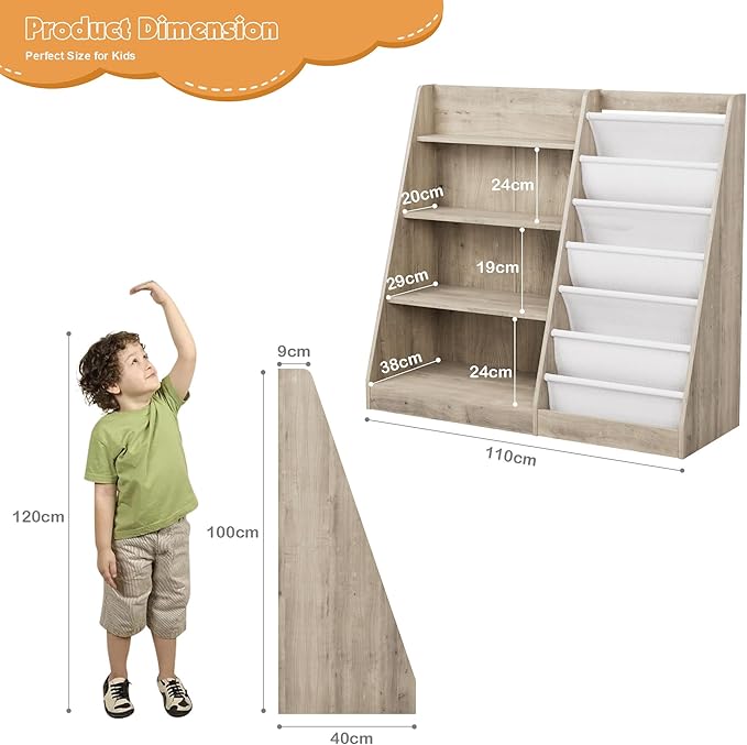 NACHES 4 Tier Kid Bookshelf Wooden 6 Sling Children Bookcase Toddler Montessori Book Rack Display Toy Storage Organizer Adjustable Book Shelf Classroom Bedroom Nursery Playroom (Grey Wood, Large)
