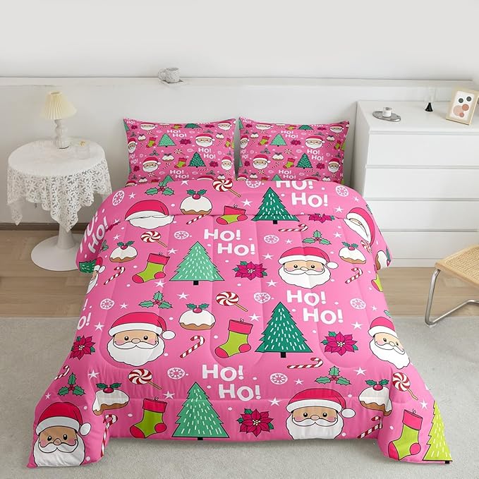 Feelyou Pink Merry Christmas Comforter Set All Season Santa Claus Bedding Set with 1 Pillow Cases Xmas Microfiber Kids Twin Bedclothes Happy New Year Bedroom Decor Duvet Quilt Soft Lightweight
