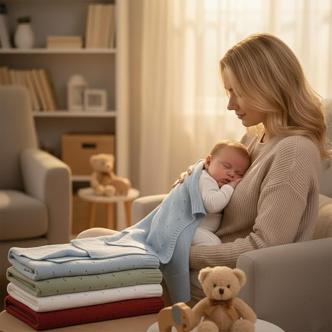 Baby Knit Blanket, 100% Cotton Eyelet Patterns, Soft, Cozy, Lightweight Swaddle for Newborn & Infant Swaddling Beige Neutral, Perfect Baby Shower Ideas White 28x36