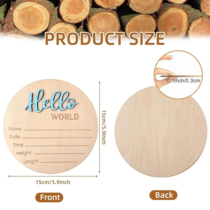 Baby Announcement Sign, 5.9 Inch Wooden Hello World Newborn Signs, Birth Announcement Sign, Baby Shower Hospital Nursery for Newborn Boys and Girls (Sky Blue,Pen)